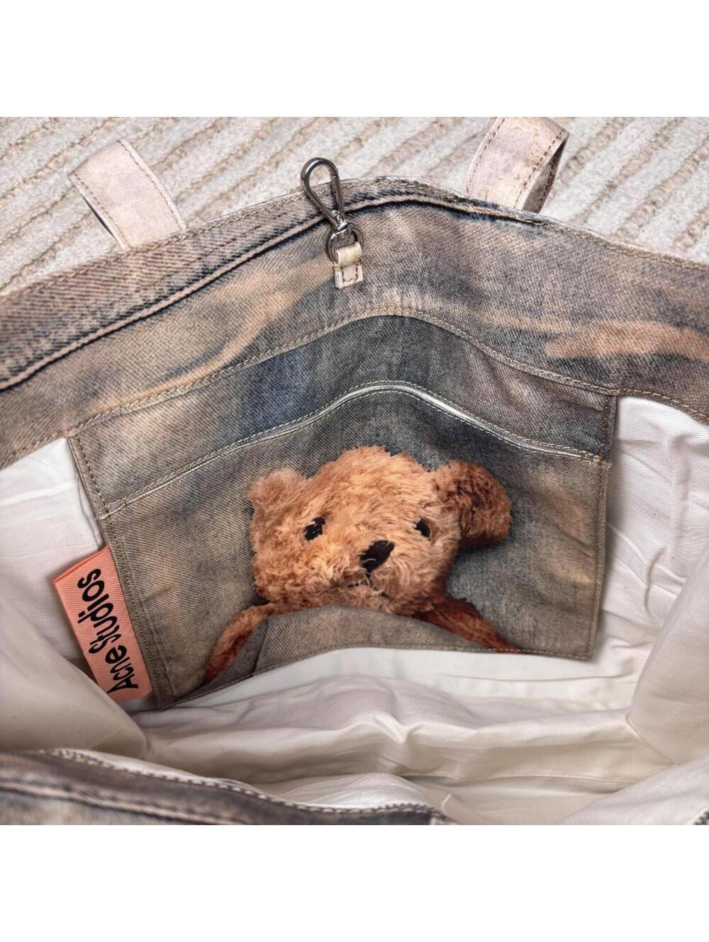 Acne Studios Trompe L’oeil Teddy Bear Denim Shopper Tote - Picture 4 of 8